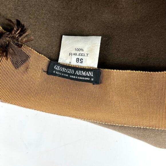 Giorgio Armani Women\'s Vintage Brown Fur Felt Round‎ Brim Hat Gold Ribbon (58) main image 3